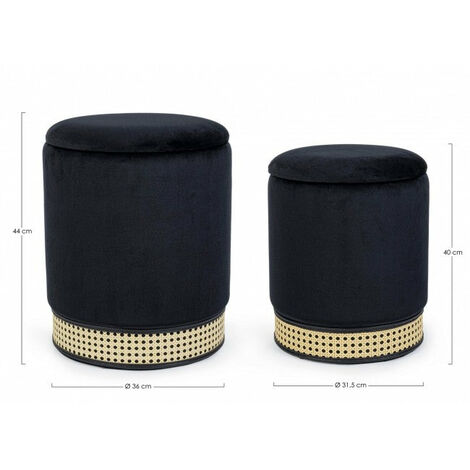 Pouf tavolino contenitore tondo in velluto nero ed ecopelle oro 46x46 |  E-Italy | 100% Made in Italy