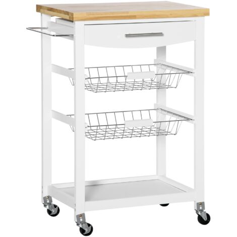 Carrello Da Cucina In Legno Con Ruote - 3 Cestini E Cassetto, Bianco, 47x37x85 Cm - Foto 3