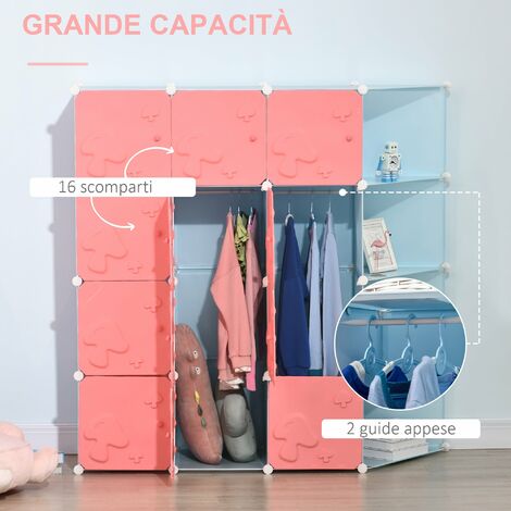 HOMCOM Mobile Scarpiera Modulare Salvaspazio a Fungo per Interni, 16 Cubi  in Plastica PP e Acciaio, 145x47x145cm, Rosa e Blu