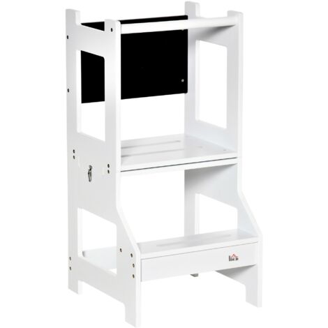 Torre Scala Montessoriana per Bambini 42x44x86 cm con Sgabello e Lavagna Bianca