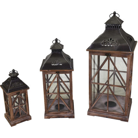 Stonebriar Set Di 2 Lanterne Decorative In Legno E Metallo Con Vetro | Rustiche Per Interni/Esterni Con Coperchio Apri Bile, Perfette Per Centrotavola - 3