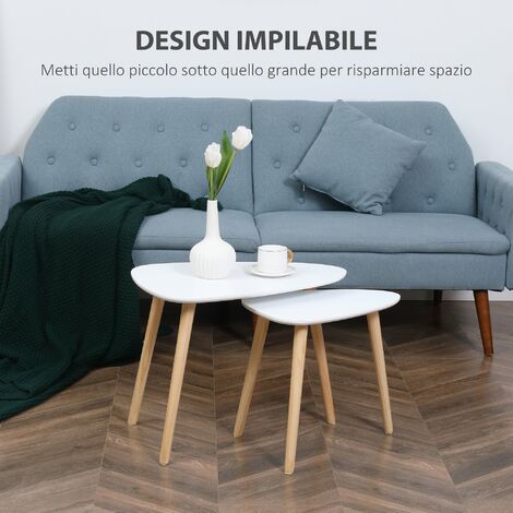 Set 2 Tavolini Da Salotto Impilabili Nordici - Bianco, Gambe In Legno, Per Soggiorno - Foto 7