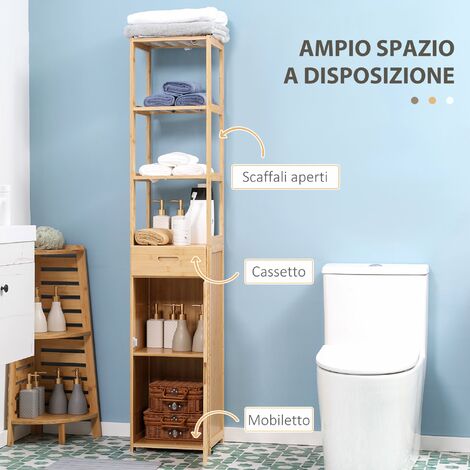 Merax Mobile alto ad angolo, mobile da bagno, tre ripiani aperti, porte a battente resistenti all'umidità, ripiani scorrevoli, bianco