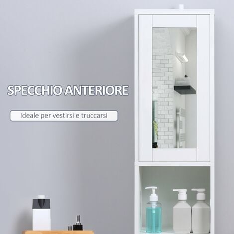 Colonna Bagno Salvaspazio con Specchio e Apertura a Pressione 30x28x170 cm  in Legno Bianco