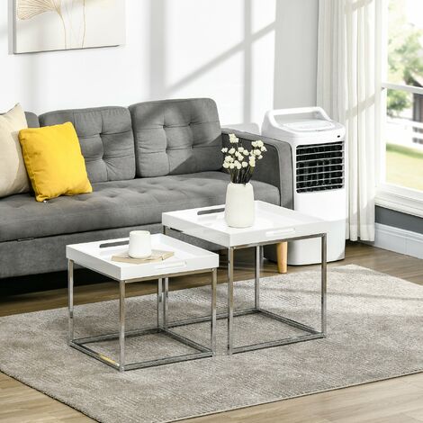 HOMCOM Set 2 Tavolini da Caffè Impilabili Finitura Lucida MDF e Acciaio