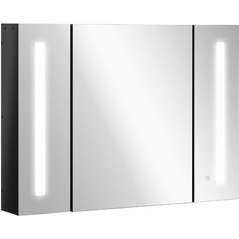 Armadietto a Specchio per Bagno 3 Ante 90x15x65 cm con Luce LED Nero