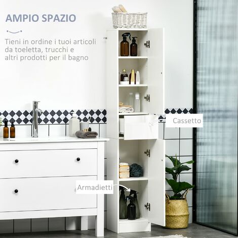 Colonna Bagno Salvaspazio con Specchio e Apertura a Pressione 30x28x170 cm  in Legno Bianco