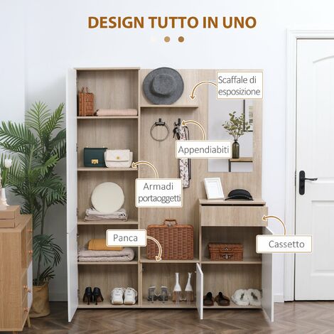 Mobile da Ingresso 4 in 1 con Specchio 145x29x184 cm in Truciolato Bianco e  Legno Naturale