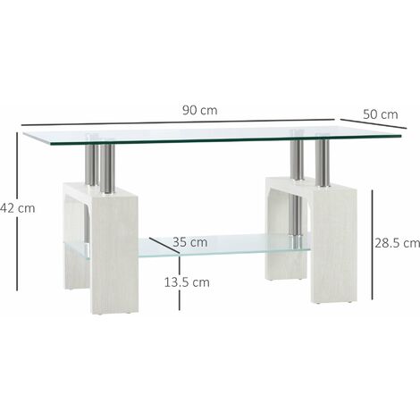 Tavolino da Caffè a 2 Livelli 90x50x42 cm in Vetro e Legno Bianco