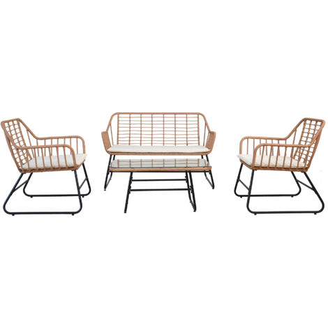 Set Salotto da Giardino Tavolo 2 Poltrone e Divano in Acciaio e Polirattan Cebu Nero Naturale e Bianco (1/2)