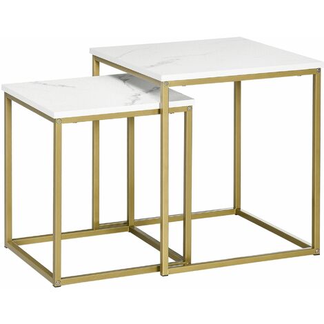 Set 2 Tavolini Impilabili con Piano Quadrato in Acciaio e Truciolato Bianco e Oro (1/5)