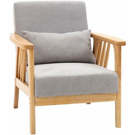 Poltrona 68x75x78 cm con Cuscino in Legno e Tessuto Vellutato Grigio
