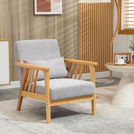 Poltrona 68x75x78 cm con Cuscino in Legno e Tessuto Vellutato Grigio