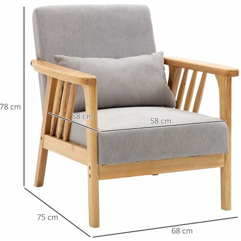 Poltrona 68x75x78 cm con Cuscino in Legno e Tessuto Vellutato Grigio