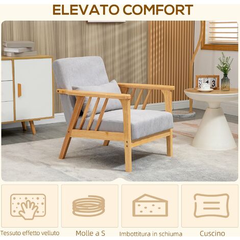 Poltrona 68x75x78 cm con Cuscino in Legno e Tessuto Vellutato Grigio