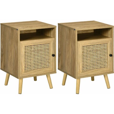 Set 2 Comodini con Anta 39x35x60 cm in Truciolato e Rattan Naturale