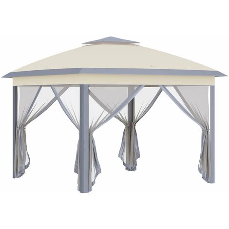 Gazebo Pieghevole da Giardino 3,3x3,3x2,88m con Zanzariera in Acciaio e Tessuto Oxford Beige