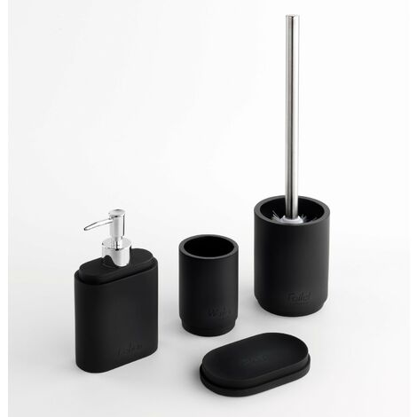 Set 4 Pezzi Accessori Bagno In Resina Grigio E Bambù TFT | Portasapone, Dispenser, Bicchiere E Porta Scopino