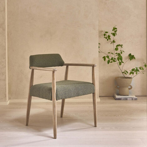 Chaise en chêne et tissu bouclette kaki (1/5)