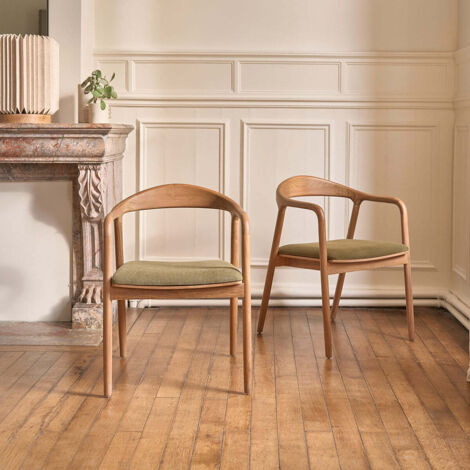 Lot de 2 chaises en teck massif assise velours côtelé kaki (1/5)