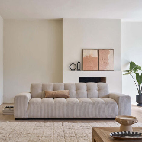 Berah Getah – Canapé droit 4 places en velours côtelé écru – Confort ferme et équilibré – Dimensions 243x97 cm – Fabrication responsable et durable