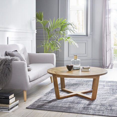 Berah Getah – Table basse ronde en bois de mindy massif – Hauteur 40 cm – Diamètre 100 cm – Pieds croisés design – Garantie 5 ans (1/4)