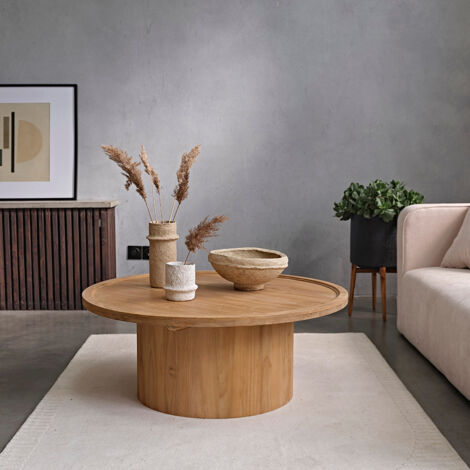 Berah Getah – Table basse ronde en teck massif 100 cm – Hauteur 40 cm – Livrée montée – Idéale pour salons modernes