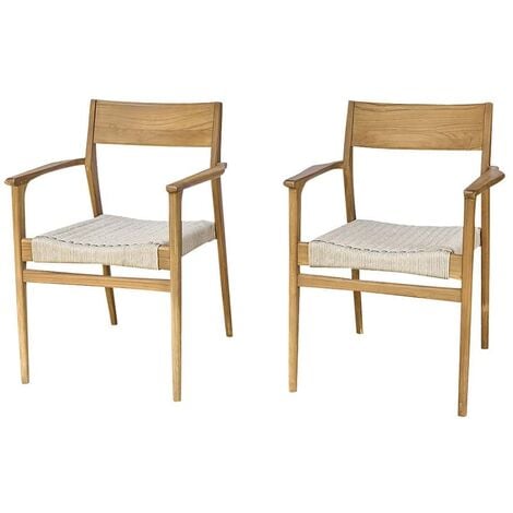 Lot de 2 chaises en teck massif et cordage beige, mobilier de