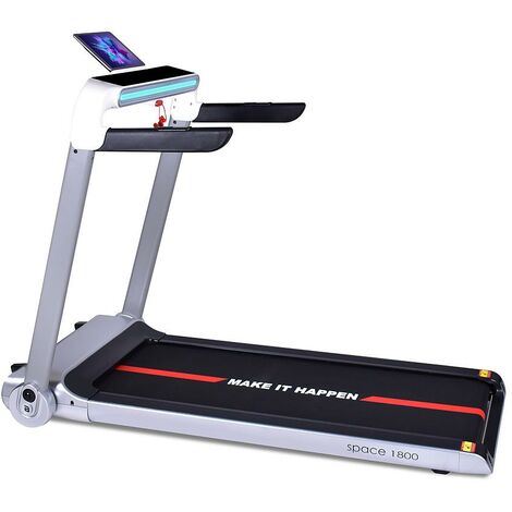 BOUDECH SPACE 1800- Tapis de course électrique 1800W pliable ultra plat avec écran tactile, support ipad, haut-parleurs bluetooth, système d'application et moniteur de fréquence cardiaque blanc