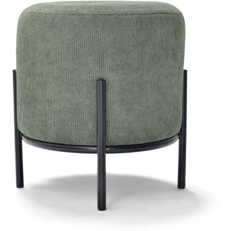 Frankystar – Petit pouf rond en velours côtelé vert – Hauteur 36.5cm – Style rétro chic – Structure en acier noir – Pour intérieur moderne