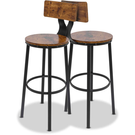 Shelby - Lot de 2 tabourets hauts, tabouret de bar avec dossier de style industriel, bois brun (1/5)