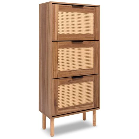 Frankystar – Meuble à chaussures 3 niveaux en bois MDF et rotin – Hauteur 124 cm, longueur 55 cm, profondeur 25 cm – Poignée métal moderne
