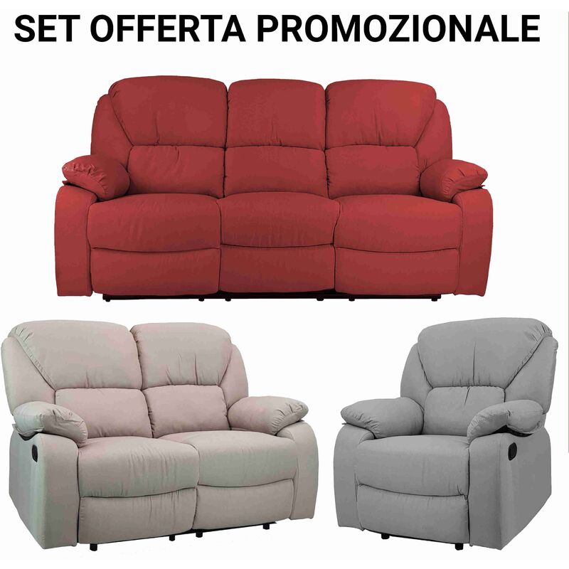 Set Divano 2 o 3 posti, Poltrona Relax Reclinabile Calipso Colore Tessuto  Bordeaux, Poltrona