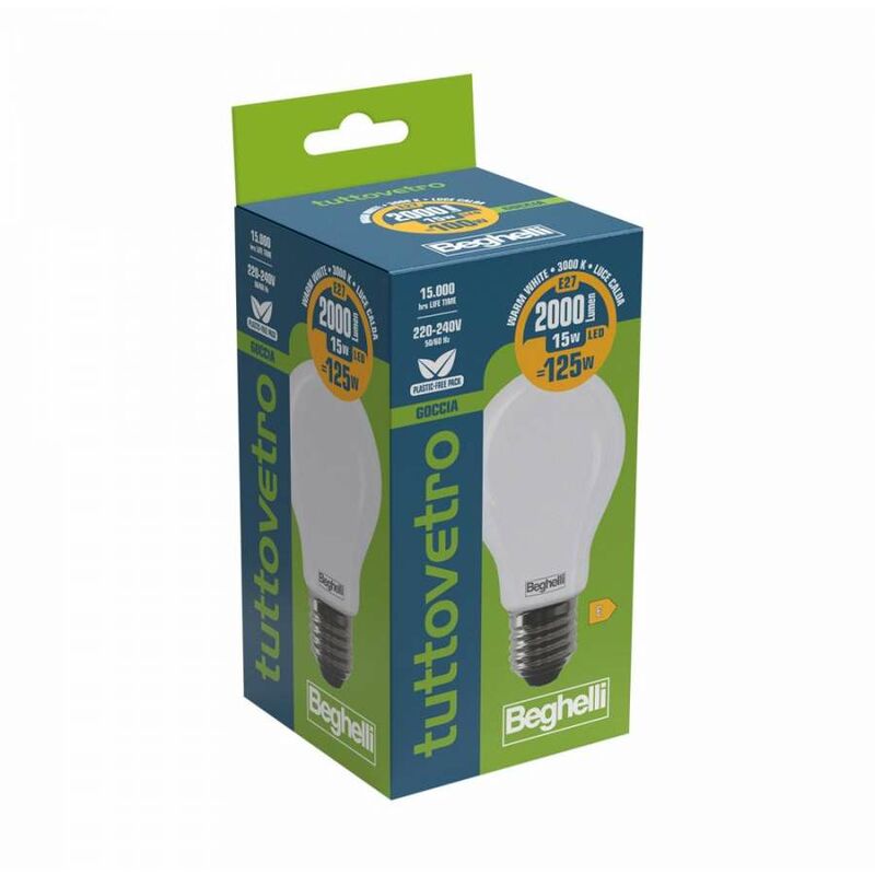 Lampada LED TuttoVetro 8W E27 Luce calda Beghelli 56523, 3000°K, 1055  Lumen, Resa 75W, Goccia