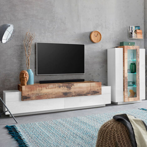 Mobile Porta Tv Moderno 290x45x120,5cm - CELESTIA - Colore: bianco laccato lucido/acero pereira