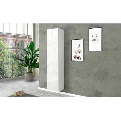 WHOUS - Armadio a Colonna MARUSKA 40x30x180 cm da Terra o Parete - Armadio Multiuso in Legno 4 Ripiani e Anta a Battente - Mobile a Colonna Bianco Lucido con Cerniere in Metallo