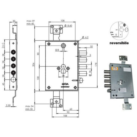 Serratura Blindata Moia E63 con Cilindro Triplice, Rce664/280, Sicurezza Elevata con 4 Catenacci