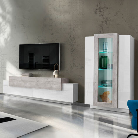 Soggiorno Corona Porta Tv + Vetrina Bianco Lucido E Cemento