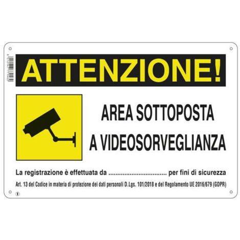 Cartello Alluminio "Attenzione Area Videosorvegliata" 30x20 Cm - Segnaletica Sicurezza D.Lgs. 81