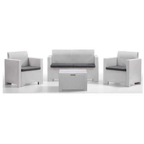 Bica Set Nebraska Rattan Bianco - Tavolino Contenitore, Divanetto, 2 Poltroncine