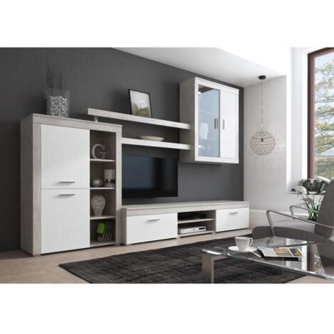 Parete Soggiorno Camberra in Bianco e Cemento - 290x50x200 cm