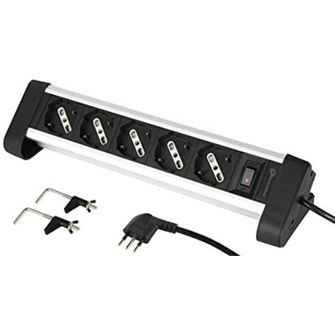 Electraline 61906 Multipresa Corpo in Alluminio con 5 Posti Polivalenti, Schuko + 10/16 A, 2 Supporti per Fissaggio alla Scrivania, Spina Piccola 10 A, Nero/Argento (1/4)