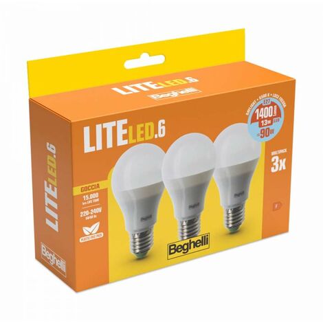 Beghelli Lampadina Led Goccia 13W 6500k 3 Pezzi Lite Led e27 400lm Luce Fredda