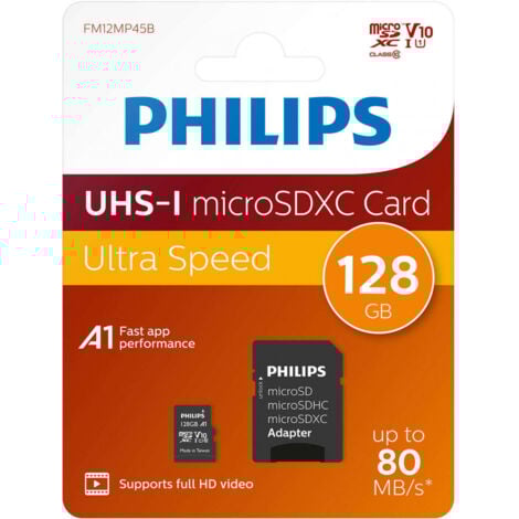 Carte PHILIPS Micro SDHC / SDXC + Adaptateur / 8GB, 16GB, 32GB, 64GB, 128GB  128GB
