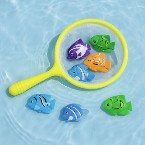 Jeu de Pêche pour Enfants avec Épuisette et 6 Poissons Colorés Idéal pour le Bain la Piscine ou les Jeux d'Eau en Extérieur