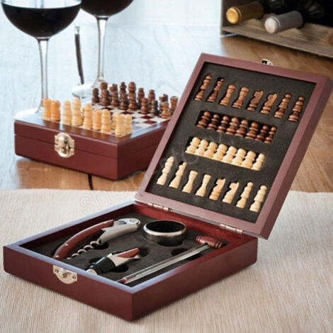 Coffret 2-en-1 Échiquier et Accessoires à Vin 37 Pièces en Bois pour Amateurs d'Oenologie et de Jeux (1/5)