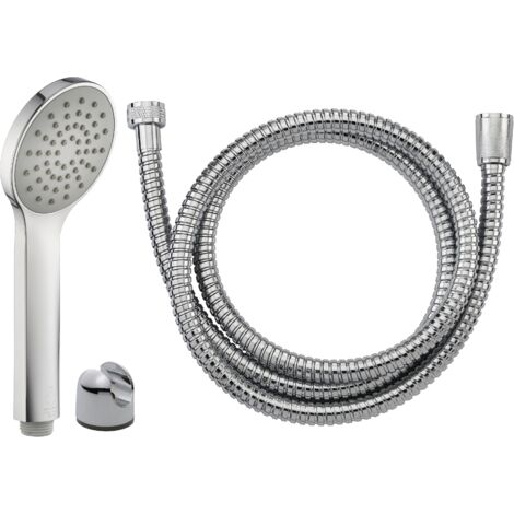 EUROSANIT Duo: doccetta a 1 getto a risparmio idrico cromata Plata + flessibile in acciaio inox Da cromato, lunghezza 1,5 m + supporto in ABS