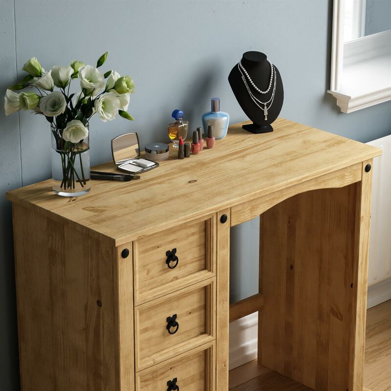 Black Metal Handles Bedroom Desk / Computer Desk 4 Drawer Dressing Table and Stool Corona Distressed Waxed Pine 