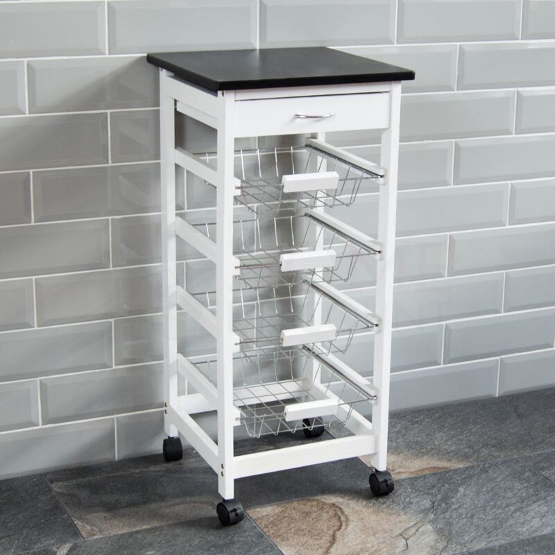 Home Source Oxford Bamboo 4 Tier White Utility Trolley Kitchen Bathroom  Organiser Unit