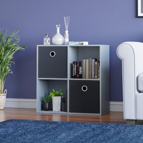 Durham 4 Cube Bookcase Shelf Wooden Display Storage Rack Free Standing Shelf Unit, Grey-2-Black-Baskets